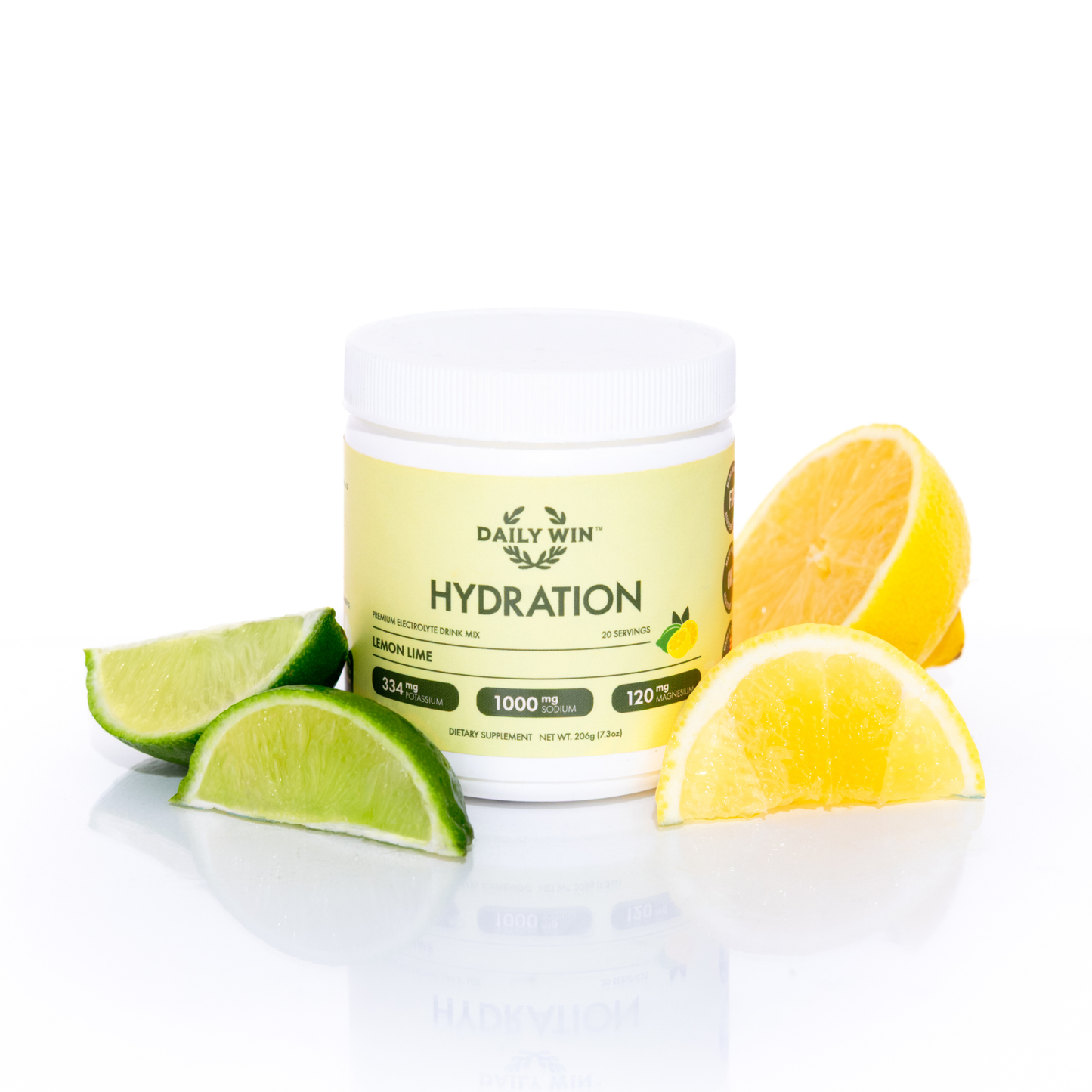 Daily Win Lemon Lime Hydration Mix with fresh lemon and lime slices